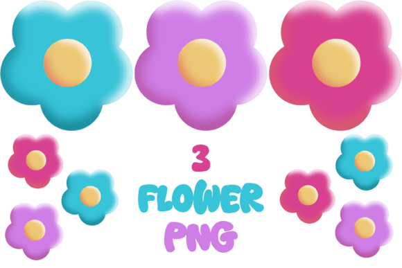3 Flower PNG Bundle: 3D Pink, Blue & Purple