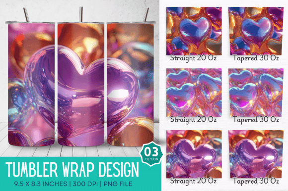 3D Shiny Puffy Hearts Tumbler Design
