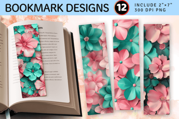 Pink Teal 3D Flowers PNG Bookmark Design